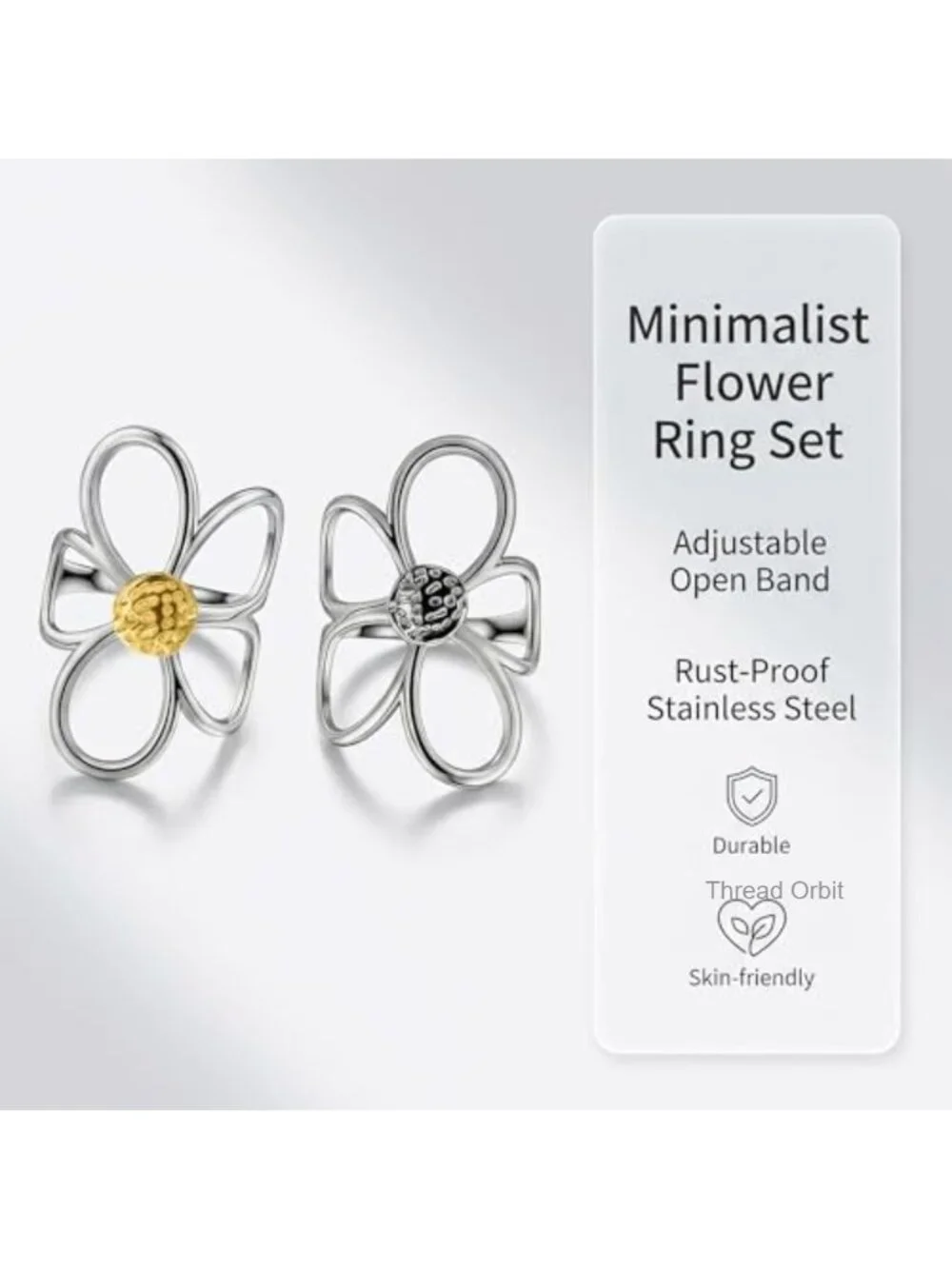 2 Pcs Chunky Hollow Flower Thumb Rings, Open Band Adjustable Two-Tone Statement